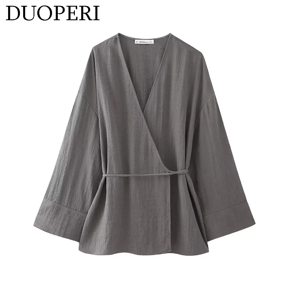 DUOPERI Women Fashion Loose Kimono Blouse V-Neck Long Puff Sleeves Feamle Chic Lady Casual Vintage Tops Shirt