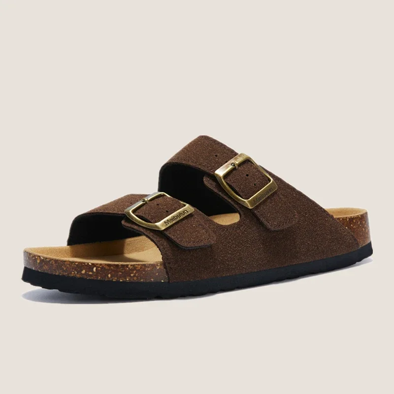 2023 New Summer Men Cork Slipper Casual Beach Double Buckle Non-slip Outside Nubuck Leather Slip on Slides Shoe