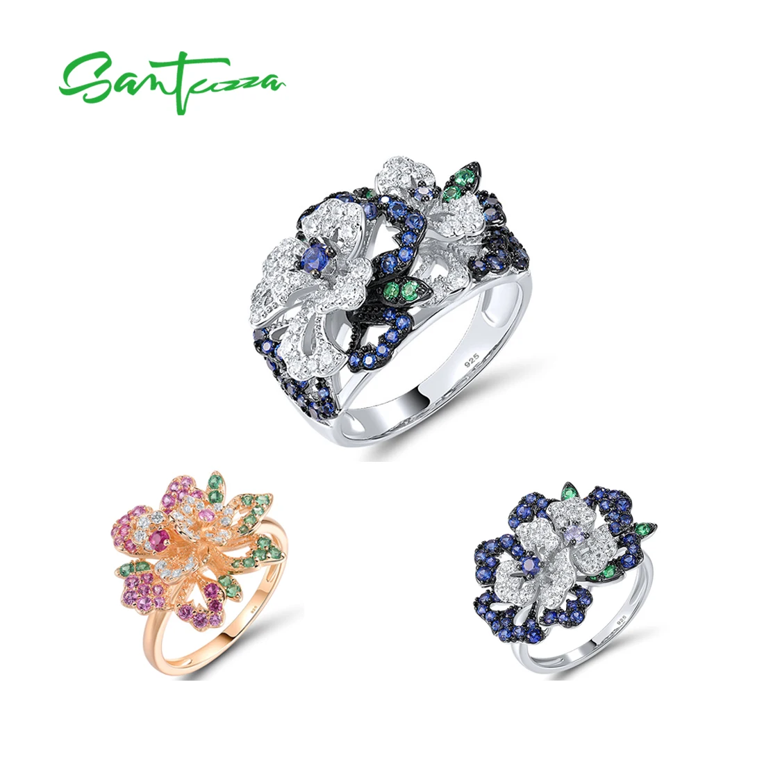

SANTUZZA 925 Sterling Silver Ring For Women Multi-Color Gems Floral Statement Ring Anniversary Wedding Fashion Fine Jewelry Set