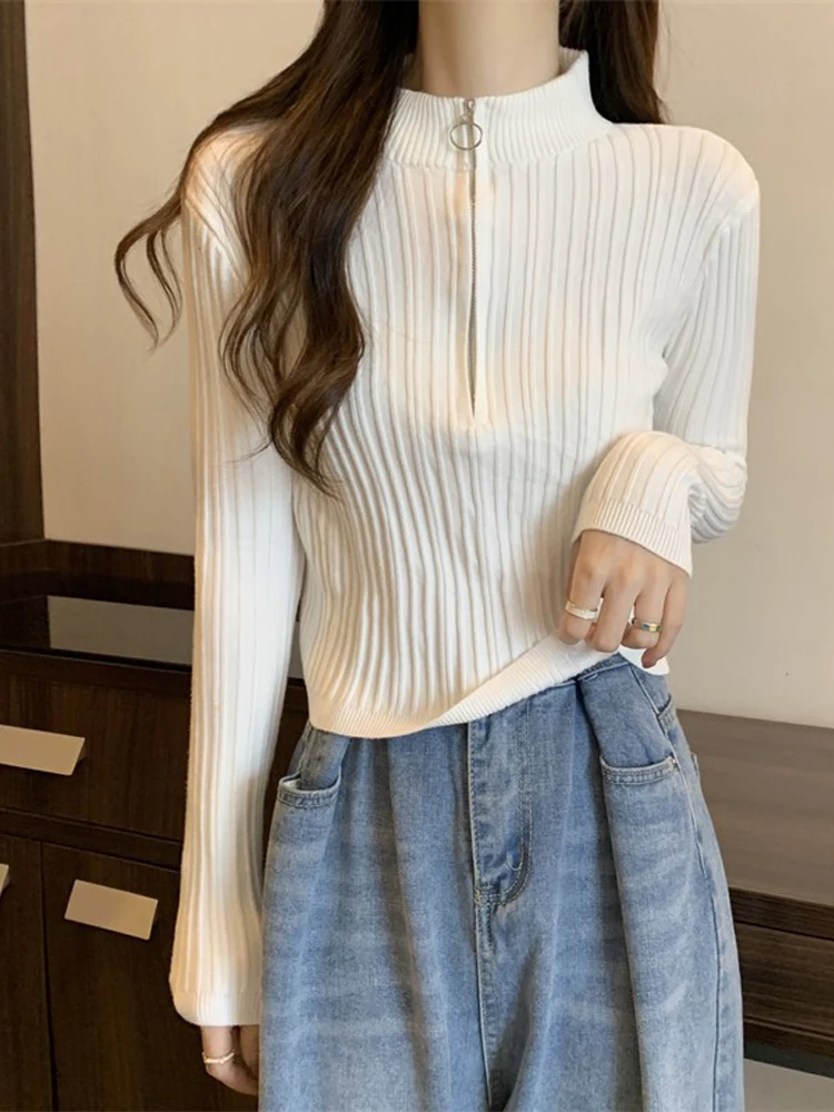 Slim Fit Knitted Base Shirt Women's Autumn Winter Small Size Sweater Fashionable Half Zip Short Style Cardigan Waist Top