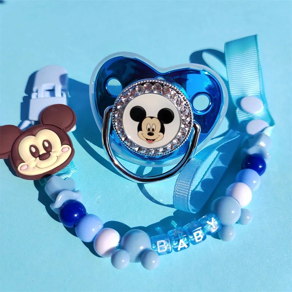 [Bead chain can be customized]Bling Bling Mickey Mouse Baby Pacifier with pacifier clip Luxury pacifier Baby bath gift for 0-24M