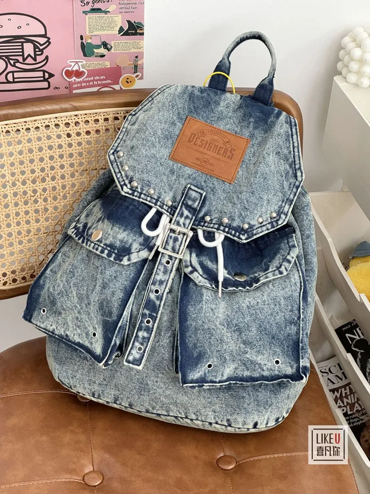 Fashion Retro Washed Cowboy Drawstring Shoulder Backpack Tide Cool Hundred Leisure Student Commuting Schoolbag