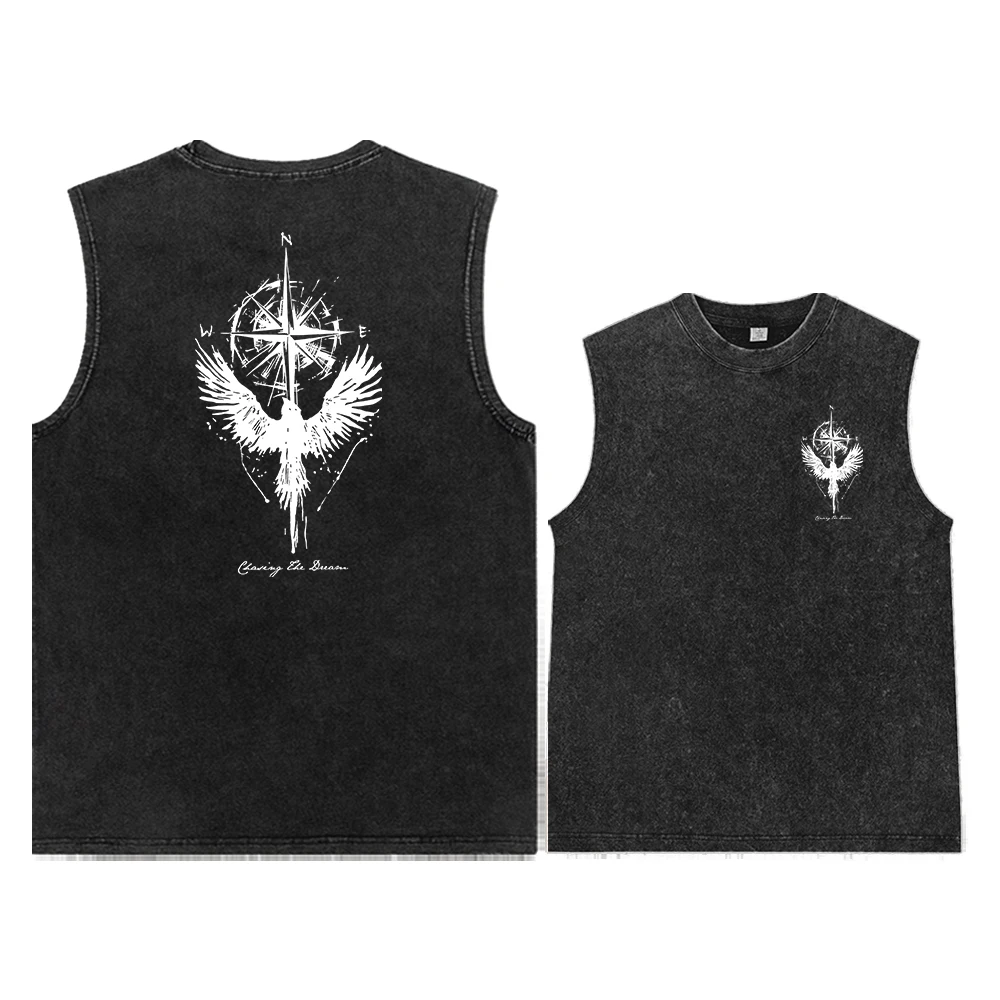 2026 Summer Vintage Washed Men Tank Top Compass Eagle Graphic 100% Cotton Sleeveless T‑Shirt Oversized Hip‑Hop Beach Surf Gym