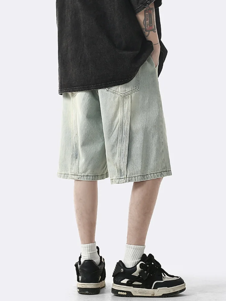 

Мужские рабочие джинсы в американском стиле, укороченные, летние, свободного прямого кроя, модные брендовые брюки в стиле ретро для уличной моды