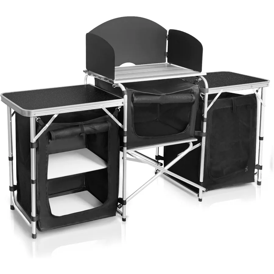 

Складной кухонный стол, уличная портативная кухонная станция, алюминиевая кухня для кемпинга с органайзером для хранения, крючки для ветрового стекла для барбекю Pa