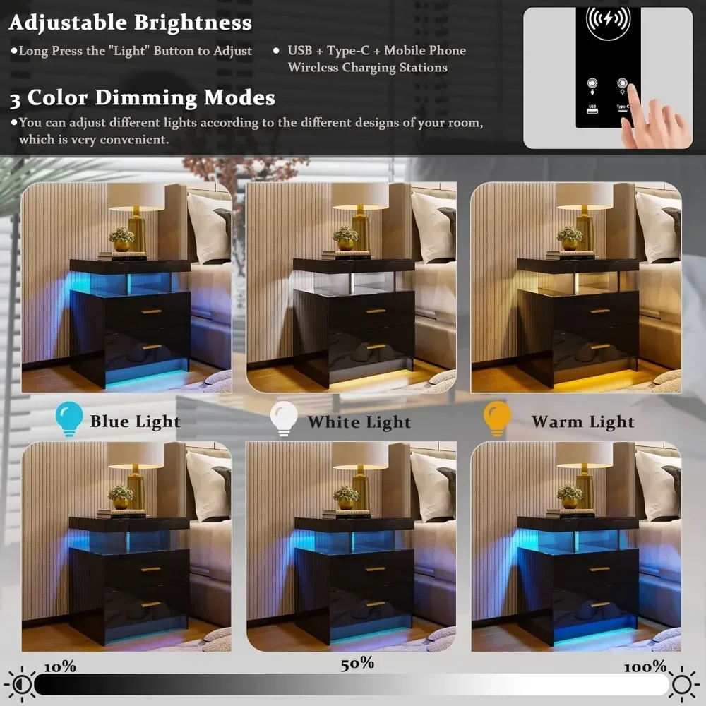 Auto LED Nightstand with Wireless Charging Station & USB Ports,High Gloss Bedside Tables with 2 Drawers,Floating Nightstand