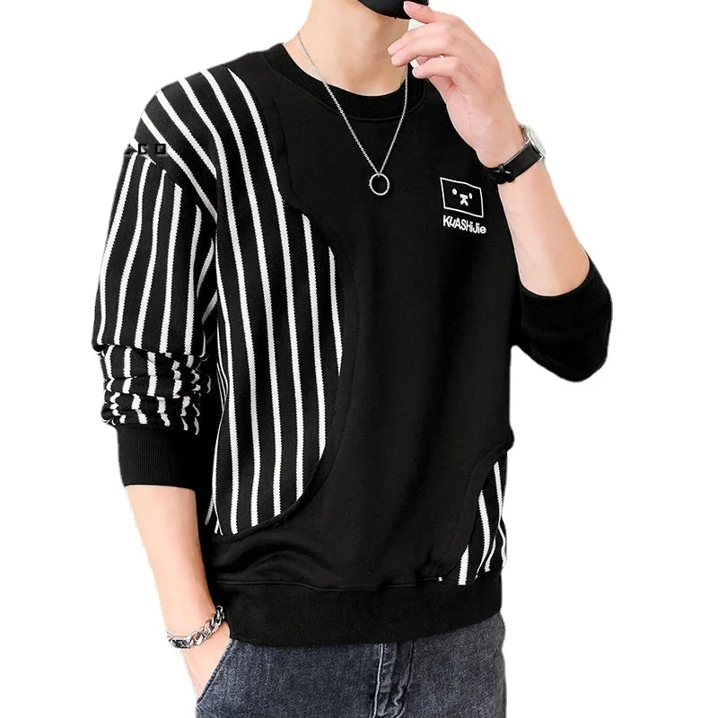 style New sweater men's British trend stripe long sleeve autumn winter splicing color contrast top loose round neck