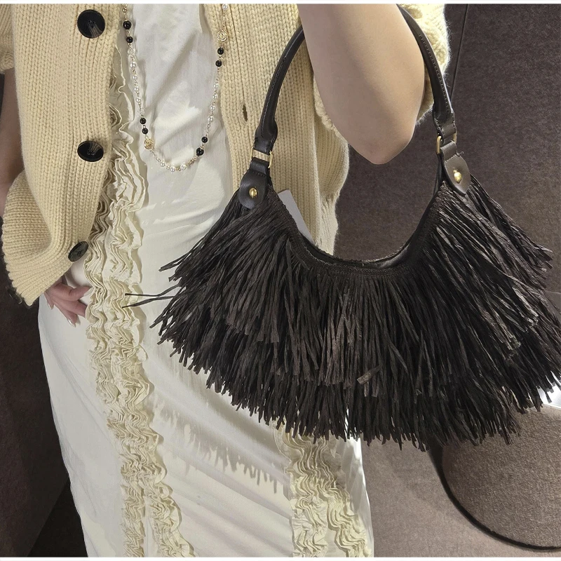 Vintage-Handtasche mit Quasten, Damen-Hobo-Fransen-Unterarm-Schultertasche, Designer-Retro-Freizeit- und Alltagstasche, Kaffeebraun – Detail 9