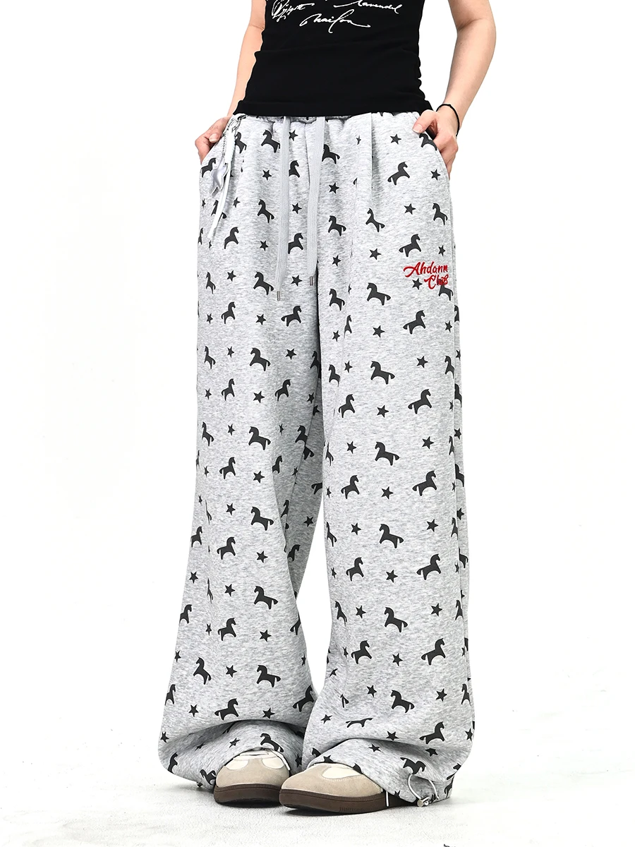 

Американский ретро-комплект: широкие брюки с принтом и повседневный топ с длинным рукавом для женщин, весенняя новинка, большие размеры