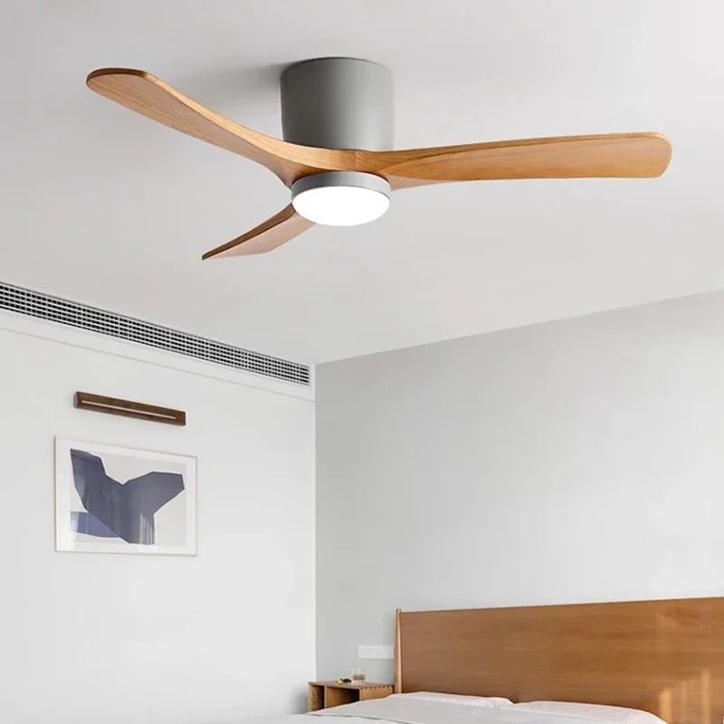 48Inch Low Floor Ceiling Fan Light Modern Black Wood Blade DC Remote Control Led Fan Lights Restaurant The bedroom 110V 220V