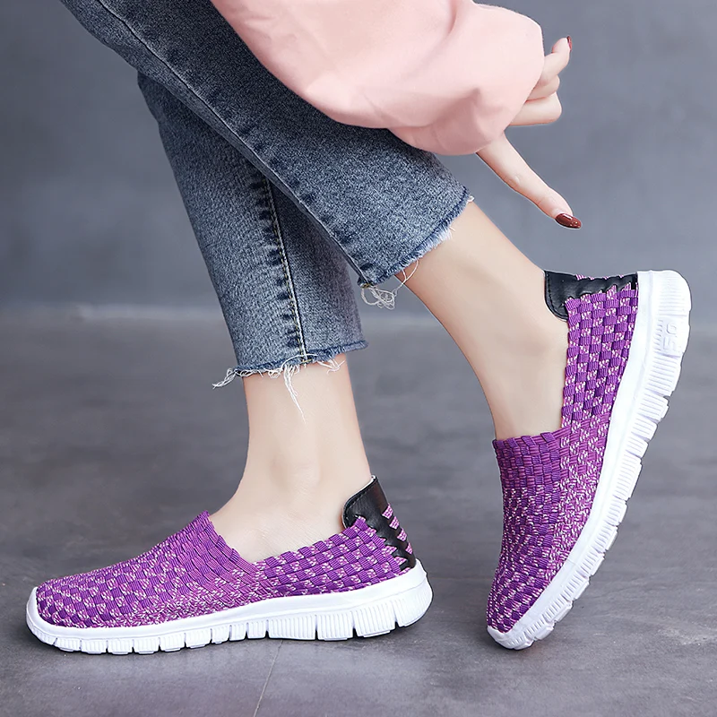 STRONGSHEN Women Handmade Woven Shoes Summer Shallow Breathable Soft Comfortable Flat Slip on Light Walking Shoes Loafers 35-42