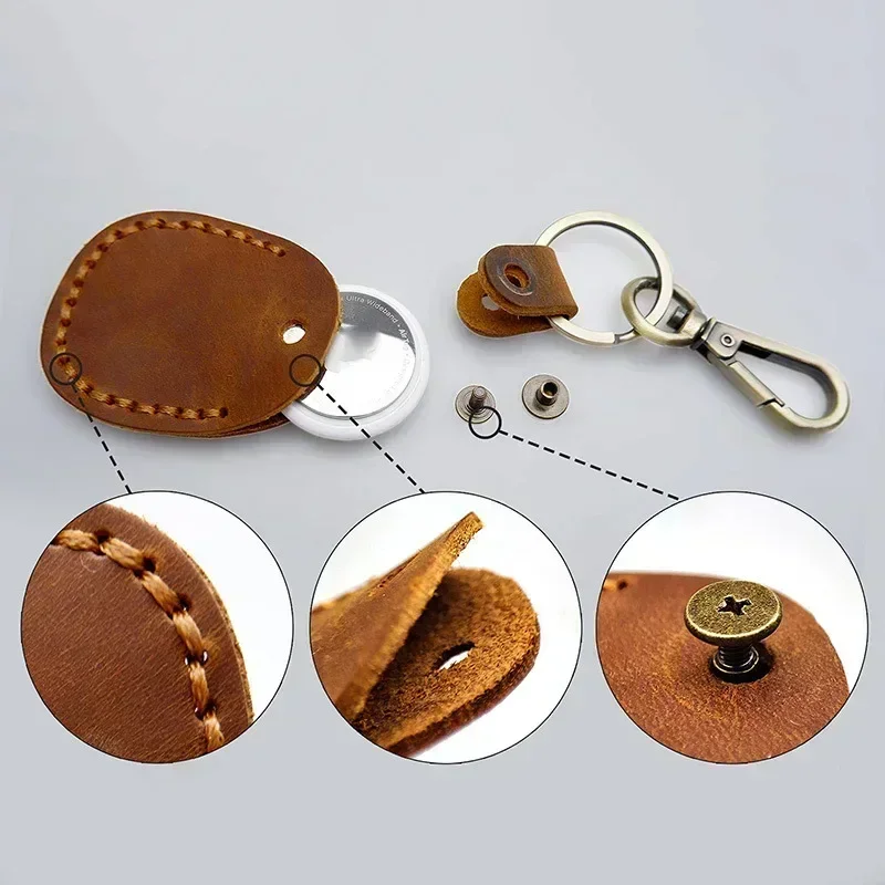 PU Leather Access Card Holder Air Tag Holder with Key Ring, Handmade Key Fob Keychain NFC Smart Key Airtag Protector Cover