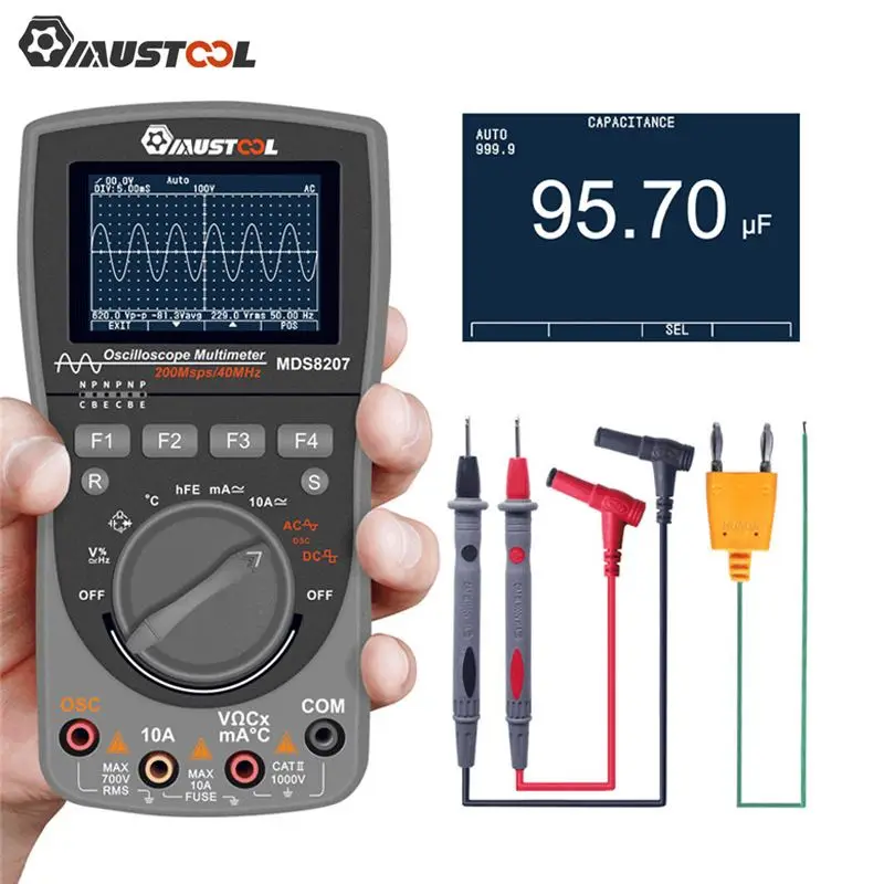 MUSTOOL MDS8207 Digital Oscilloscope Multimeter 200MS/s Sampling Rate 400MHz Analog Bandwidth 6000 Counts Graphical Oscilloscope