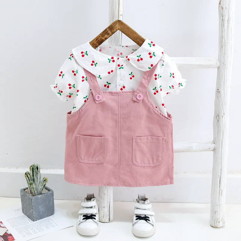 Summer Baby girls 0-5 Years Clothing sets Fashion female infant Short-sleeved Clothes Suits Cherry Print