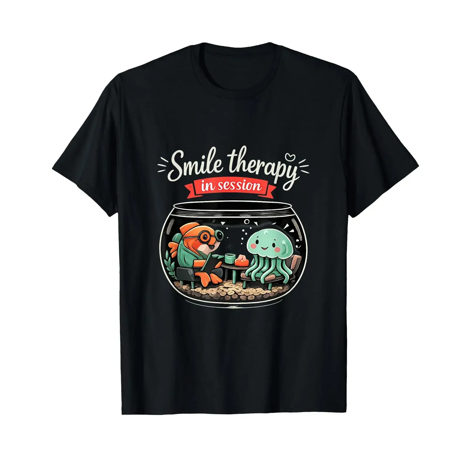 Smile Therapy in Session Therapist Fish Jellyfish Art T Shirt vintage Washed Stretched graphic homme Versatile Unisex