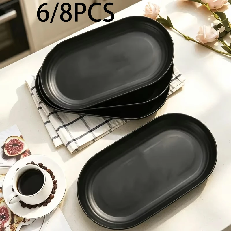 6/8pcs long oval serving plate and light wheat straw tableware are suitable for family dormitory parties.