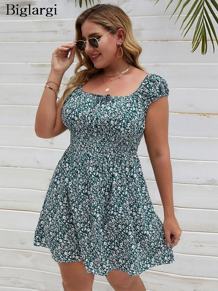 

Plus Size Summer Flower Floral Print Mini Dress Women Square Collar Modis Sweet Ladies Dresses Ruffle Pleated Loose Woman Dress