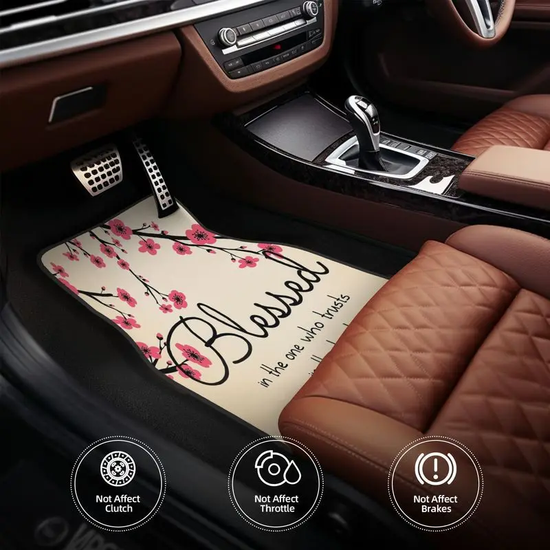4Pcs Car Floor Mat, Blessed Cherry Blossom Print, Inspirational Style.