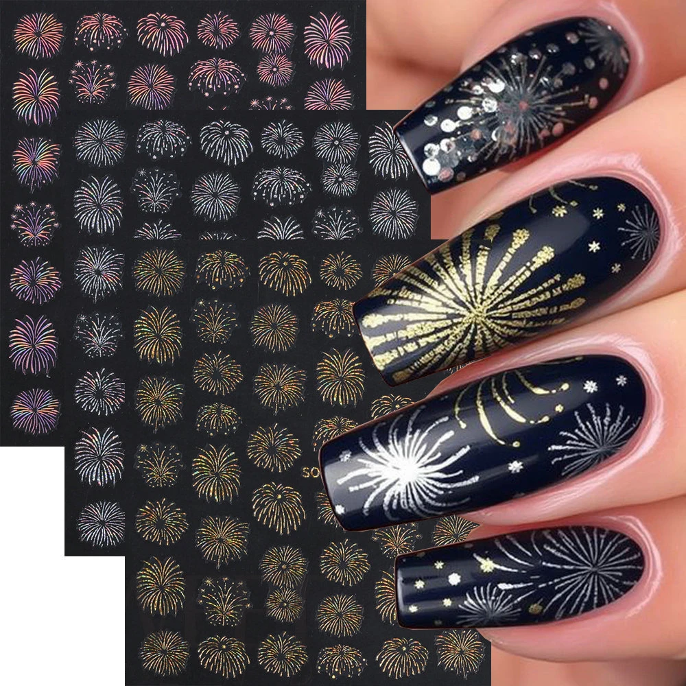 1 feuille 3D dégradé Champagne or irisé feu d'artifice Nail Art autocollants scintillant feu d'artifice ongles décalcomanie nouvel an manucure décalcomanie