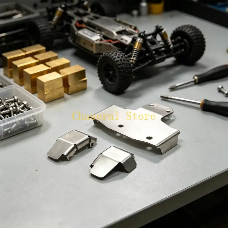 E7CE YK4061 Model Car Front Rear Skid Plate Set in Stainless Steel, Brushed Guard Plates for Trail Driving and Lower Section