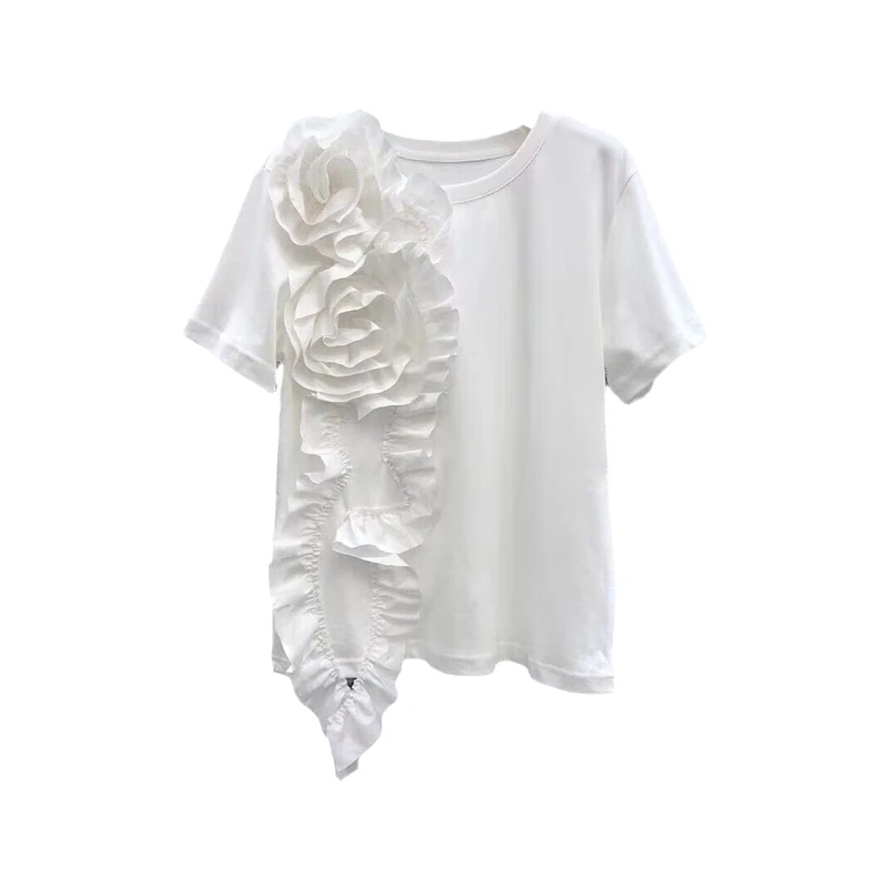 Fashion Three-Dimensional Flower T-shirt Women's 2024 Summer Loose Comfort Round Neck Short Sleeve Tops Solid Color T-Shirts