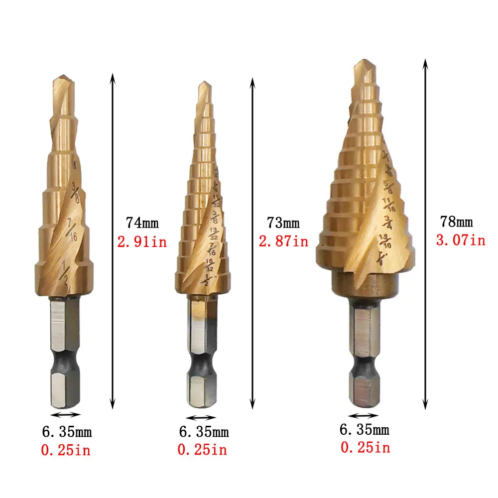 Hexagonal handle spiral groove titanium plated step drill British system small 3pc pagoda drill hole set