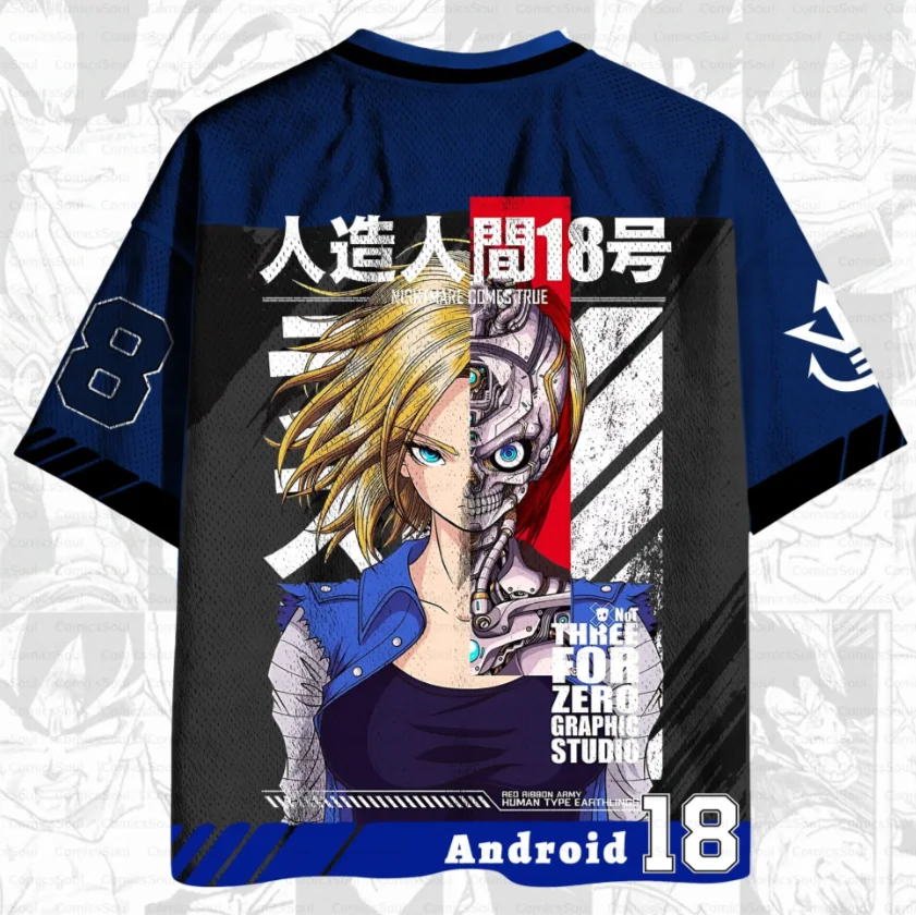 Dragon Ball Android 18 Printed Mesh Eye Clothes Quick Drying V-neck Anime T-shirt Android 18 Semi Robot Pattern Sports Shirt