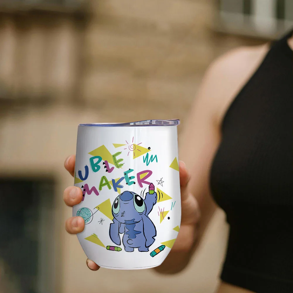 1pc 12oz Disney Cute Trouble Maker Stitch Stainless Steel Wine Tumbler Portable Drinkware Cup for Home Outdoor Holiday Gift