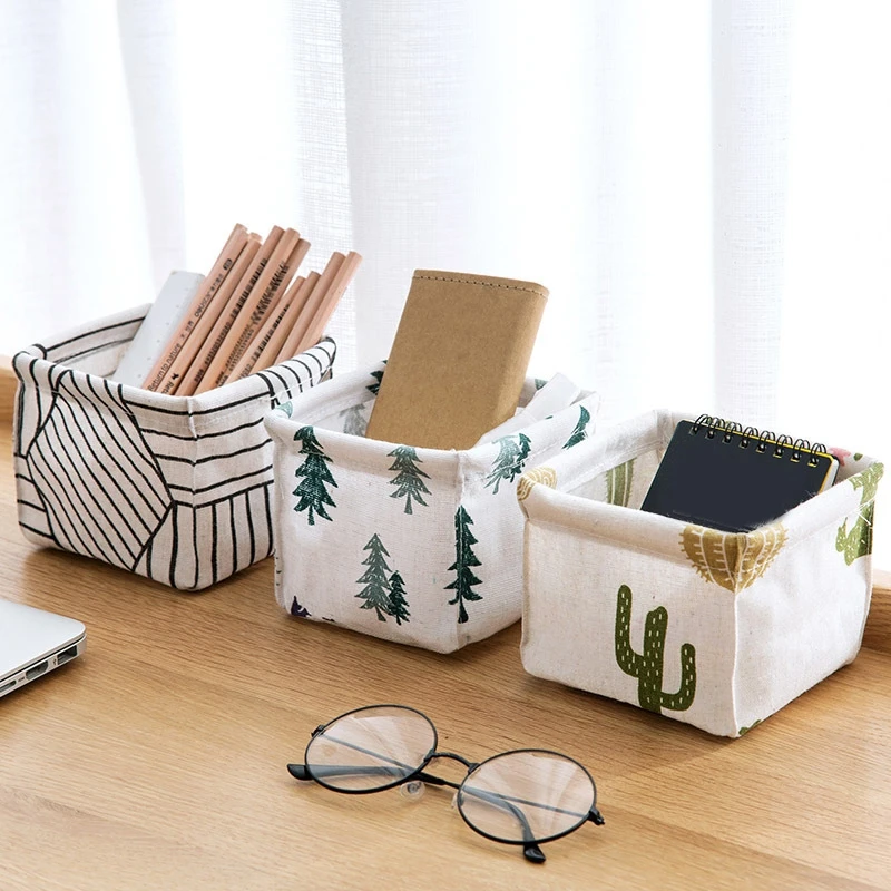 Cotton Linen Desktop Storage Basket Foldable Sundry Bin Underwear Makeup Organizer Storage Box Desk Stationery Storage Container