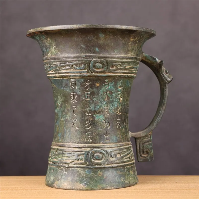Ornament Red Spot Green Patina Beveled Thunder Pattern Cup Single Goblet Bronze Statue Wine Vessel W