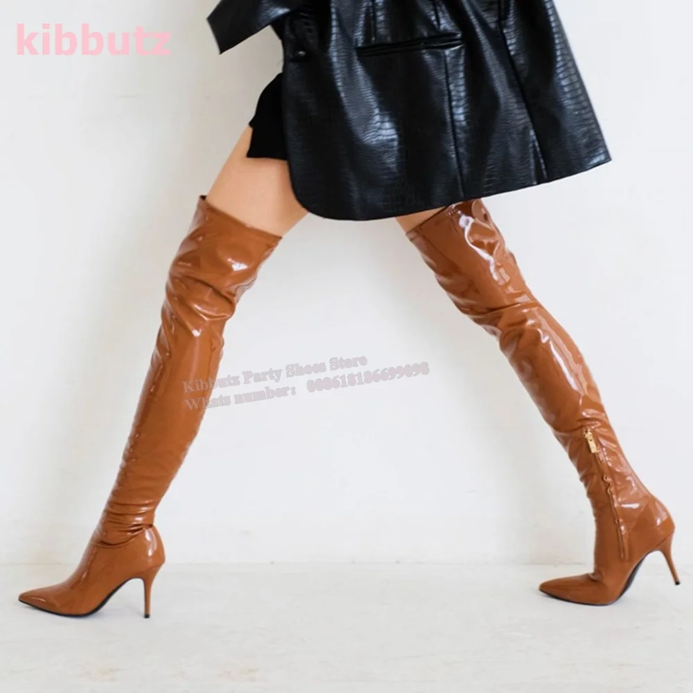 

Over The Knee High Boots Patent Leather Pointed Toe Thin Heel Side Zippers Solid Color Sexy Runway Show Fashion Elegant Shoes