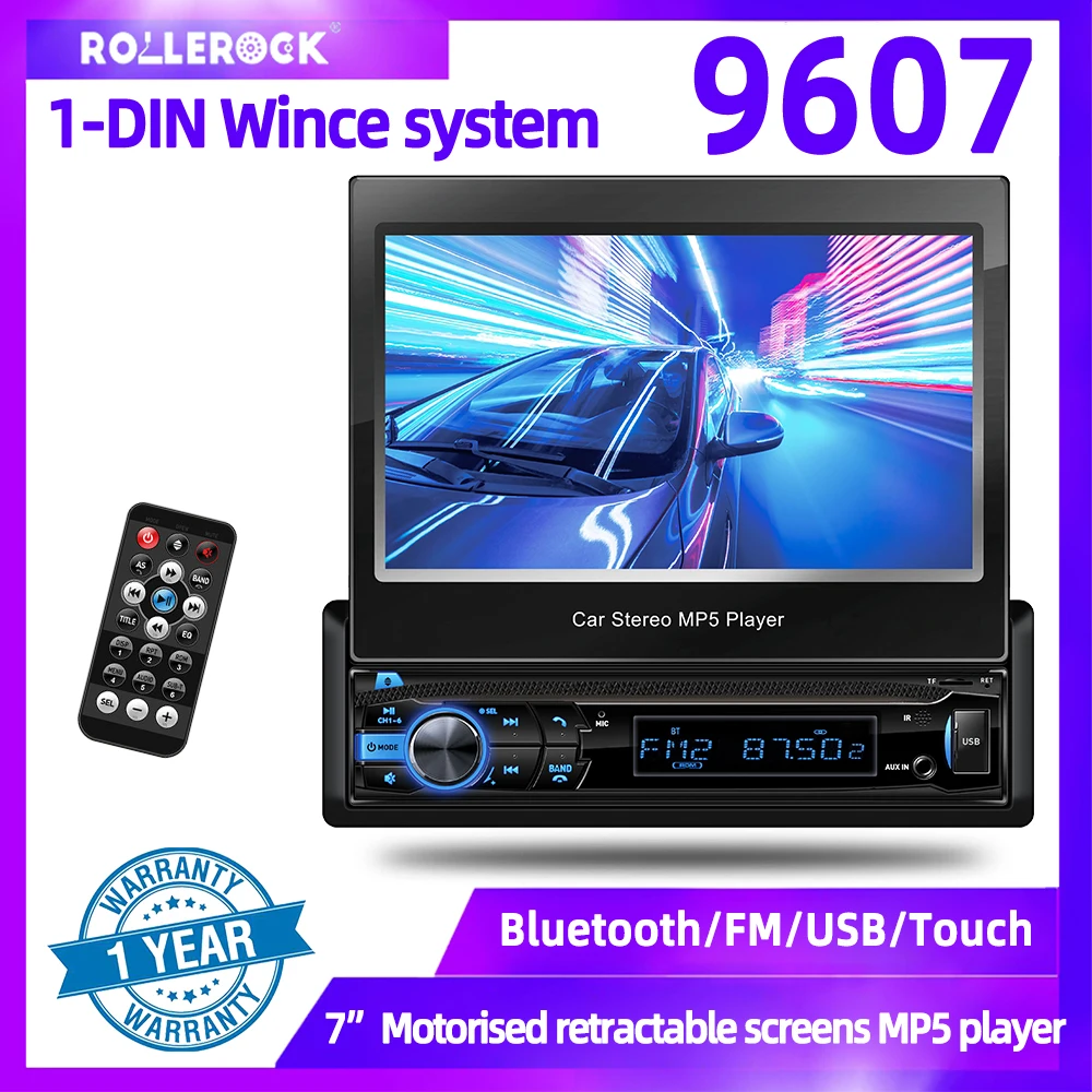 

Rollerock 9607 1 Din Car Radio MP5 Electric Telescopic Screen 7'' Bluetooth Multimedia Player Wince AUX/SD/USB Intelligent Voice