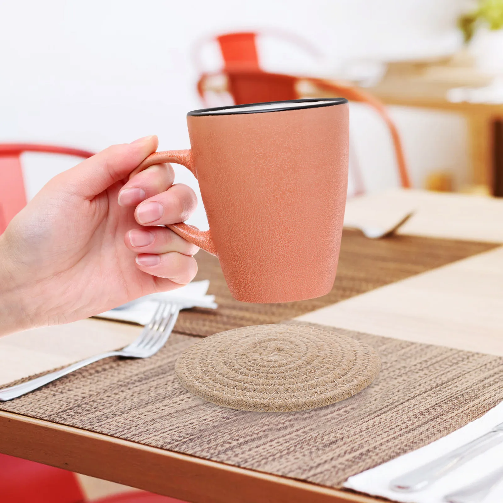 6Pcs Handwoven Cotton Rope Placemat Round Table Insulated Coaster Heat Resistant Dining Mat Washable Hot Pot Trivet Outdoor Home