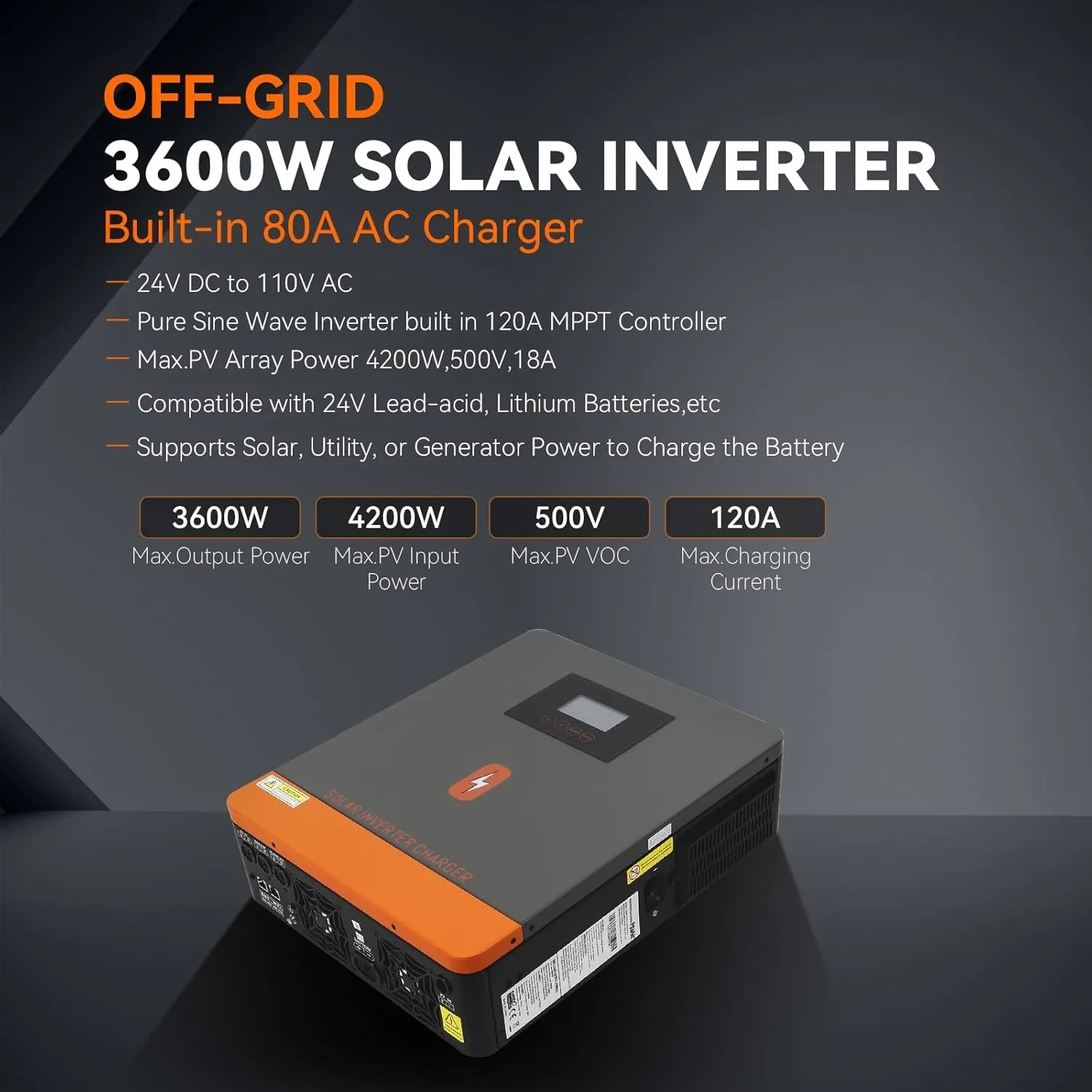 PowMr 3.6KW On/Off-Grid Solar Inverter 24V DC to 100/110/120V AC Built 120A MPPT Solar Charger Dual OutPut Power Support Lifepo4