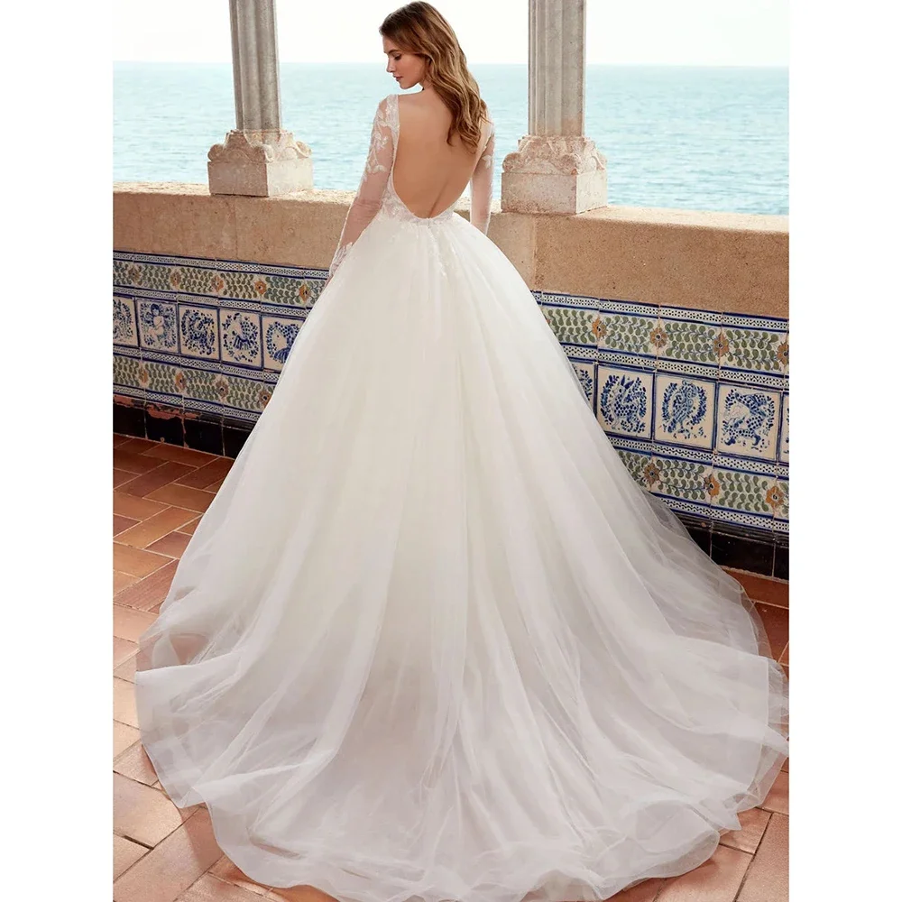 Flavinke personalizado profundo decote em v vestidos de casamento renda applique frisado manga cheia vestido de noiva sem costas princesa vestidos de noiva