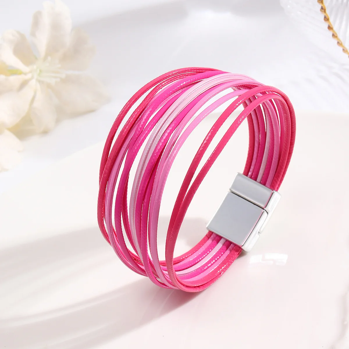 Boho Multilayer Colorful Thin Leather Bracelet Women Rainbow Multi Strap Wristband Gold Magnetic Clasp Stackable Bracelet