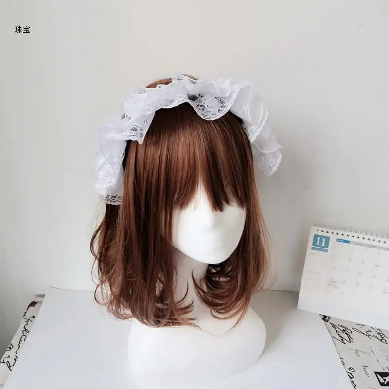 X5QE adornos para cabello para mujer, aro encaje con borde plisado, accesorios Cosplay mucama encaje malla