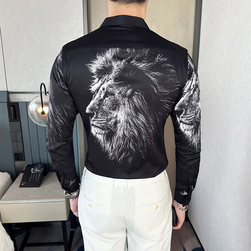 6XL New Men Vintage Cougar Print Long Sleeve Shirt New Fashion Mens Hawaiian Casual Slim Fit Black Shirts Playeras Para Hombres