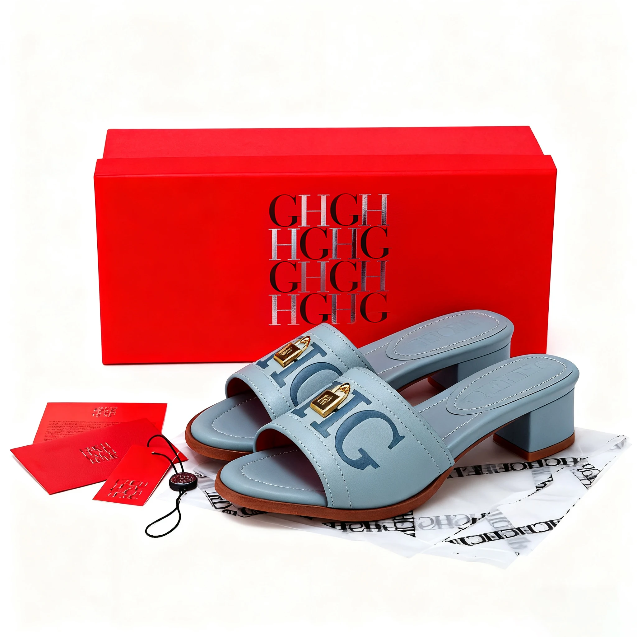 

CHic Fashion Blue Heeled Sandals 2025 Open Toe Ankle Strap Gold Buckle Beach Party Dressy Mules For Women SummerGift Set