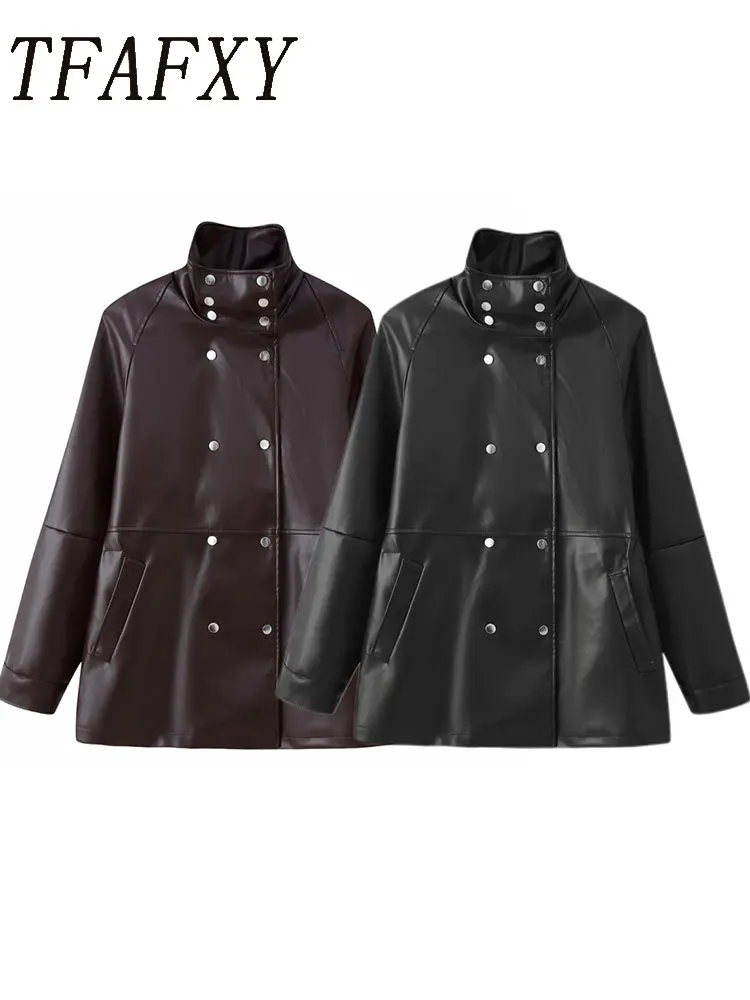 

TFAFXY женская осенне-зимняя куртка, модные кожаные тонкие куртки для женщин, пальто с длинным рукавом и воротником-стойкой, уличная повседневная верхняя одежда