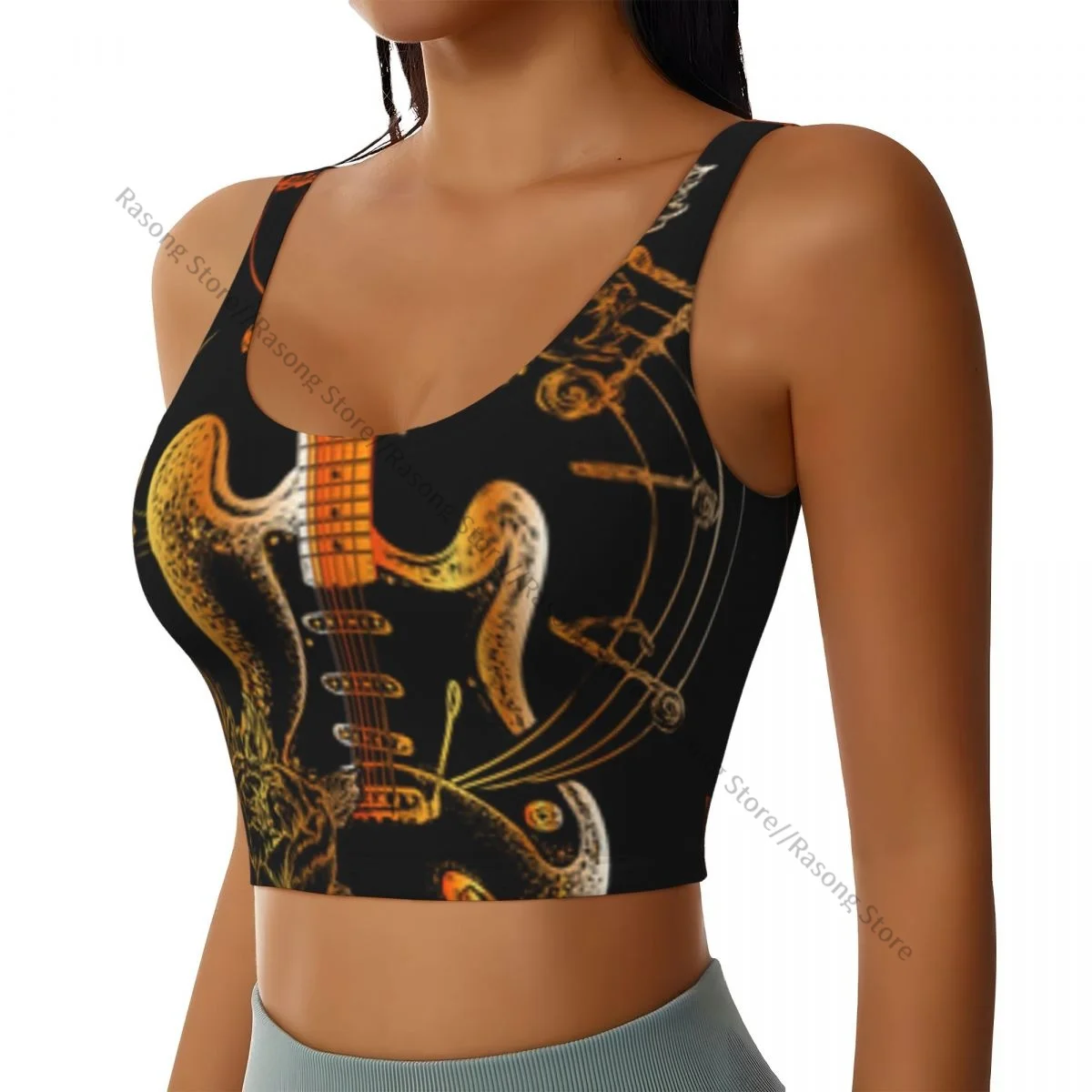 Sports Bra Women Running Yoga Clothes Vest Electric Guitar Roses And Music Notes Gathering Fitness Vest