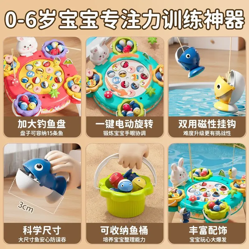 Electric magnetic fishing toys children's early education music interaction rotate toy fishing rod toys kindergarten fun game