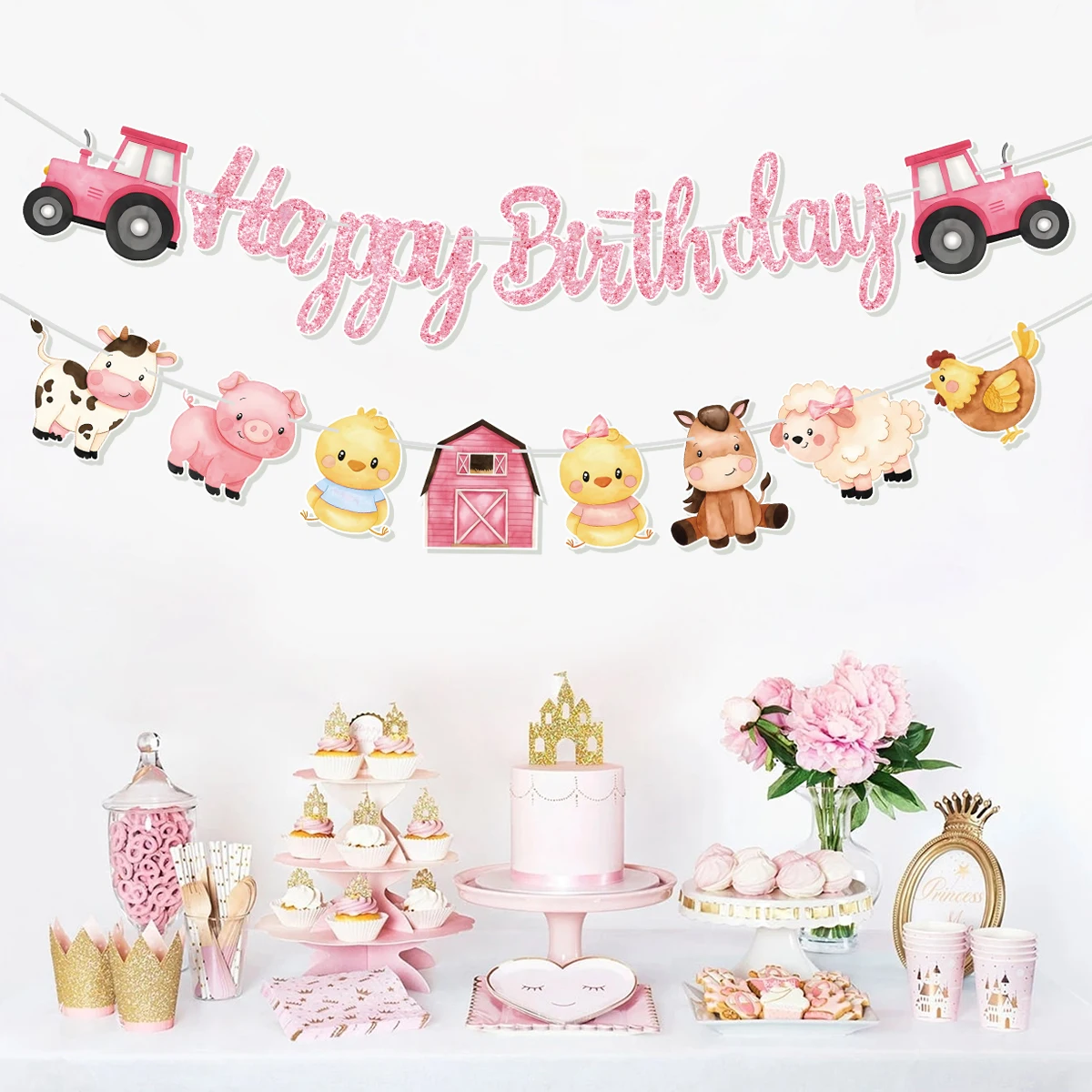 Pink Farm Animals Theme Happy Birthday Lettering Banner Pull Flag Children's day Baby Shower Decoration Barn Windmill Animal