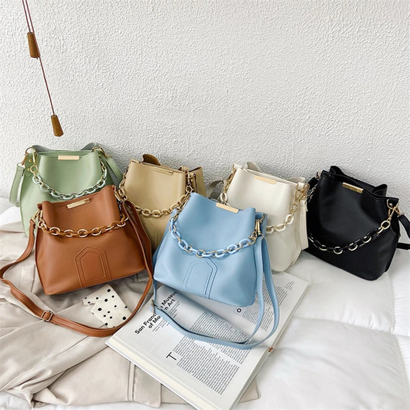 Retro Elegant Female Chain Tote Bucket Bag Women Chain Pu Leather Portable Handbag Travel Fashion Simple Shoulder Messenger Bag