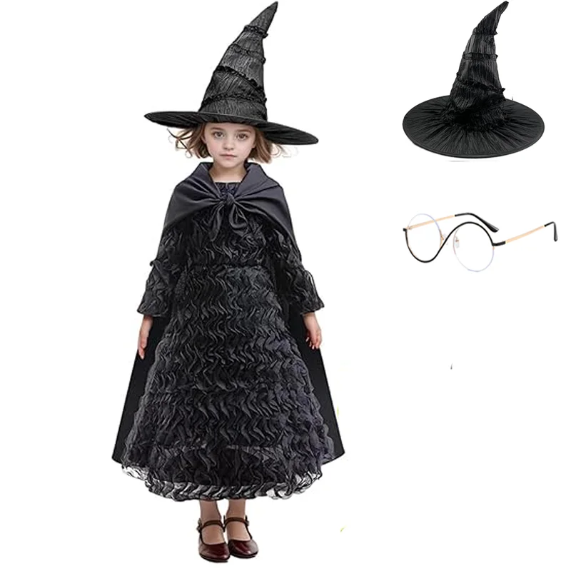 Movie Evil Wizard Costume Black Long Dress With Cape Witch Hat And Glasses For Kids Girls Halloween Birthday Prom Party Outfit