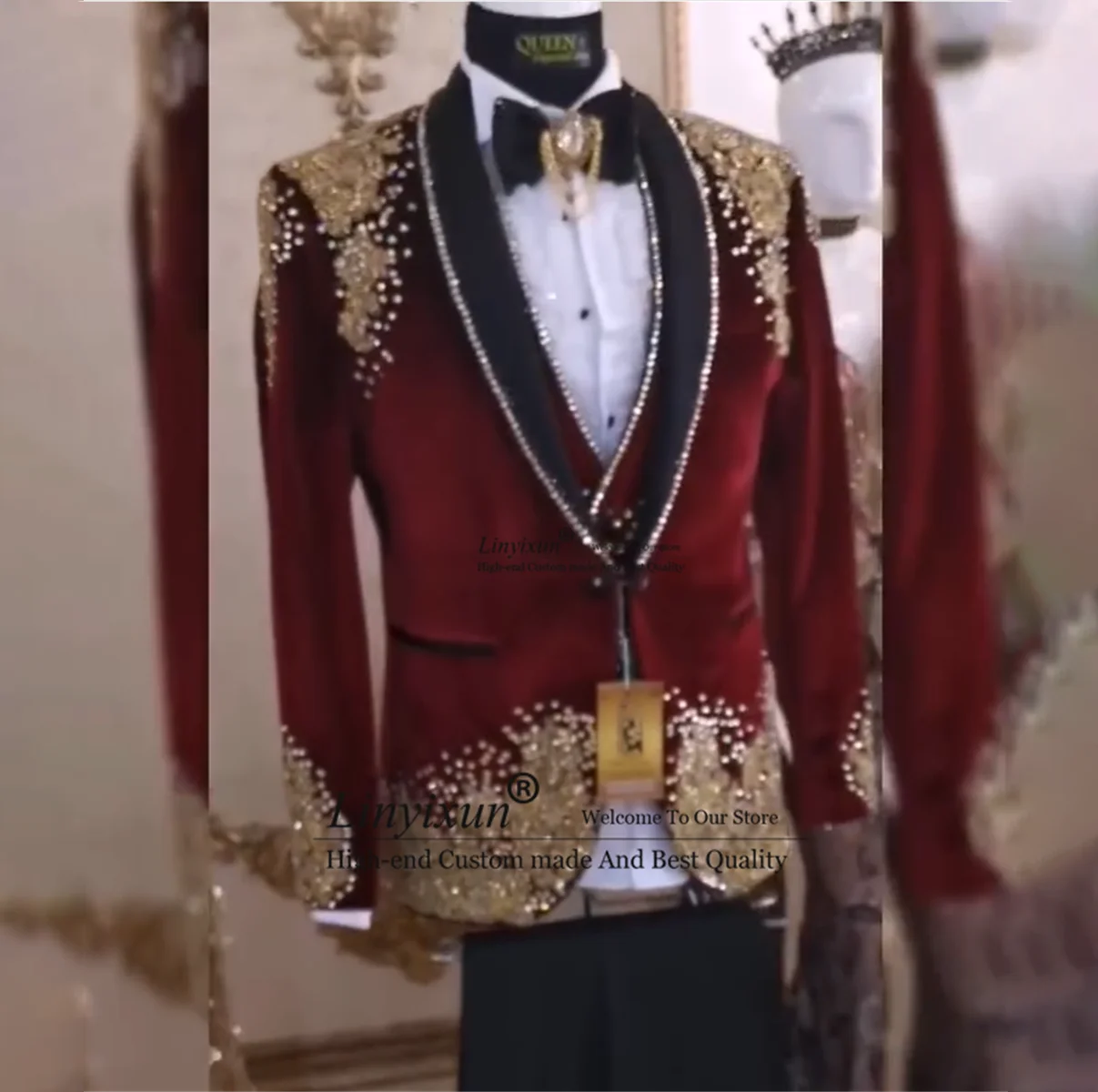 

Designer style Embroidered Diamonds Men Suits 3 Pieces Male Dinner Prom Blazers Luxury Groom Tuxedos Slim Fit trajes para hombre