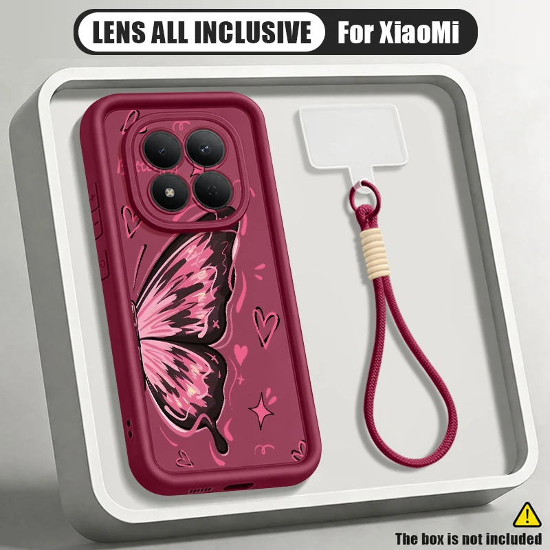 Funda de teléfono con cordón y patrón de mariposa de dibujos animados para Xiaomi Redmi Note 15 14 4G 5G Note 15 14 13 Pro 5G 14 13 Pro+ 5G, funda suave de TPU