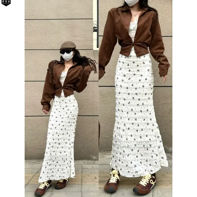 

Летняя белая юбка-русалка с узловым принтом и кружевом, облегающая, скрывающая недостатки фигуры, в корейском стиле, многоярусная юбка-кейк