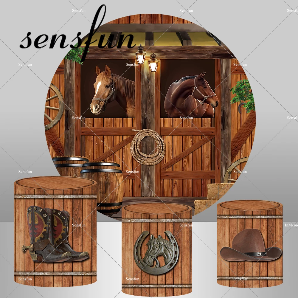 Rustic Horse Stable Western Cowboy Birthday Round Backdrop Cover Party Decoration Retro Wooden Plinth Pillar Covers