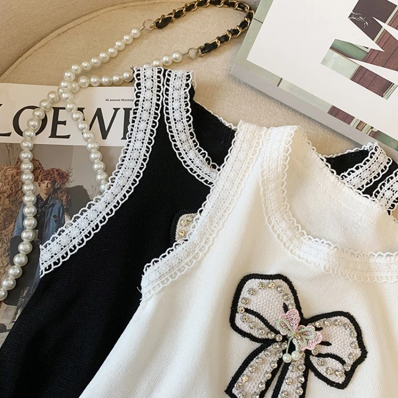 2025 New Summer Women Fashion O-neck Sleeveless Camisole Rhinestone Bow Decoration Lace Lace  Elastic Tank Tops Sweater Vest